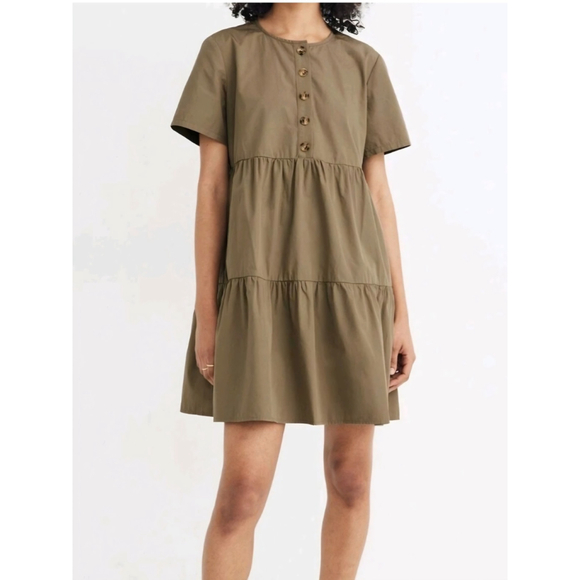 Madewell Dresses & Skirts - Madewell Baby Doll Button-Front Short-Sleeve Tiered Mini Dress Olive Green M